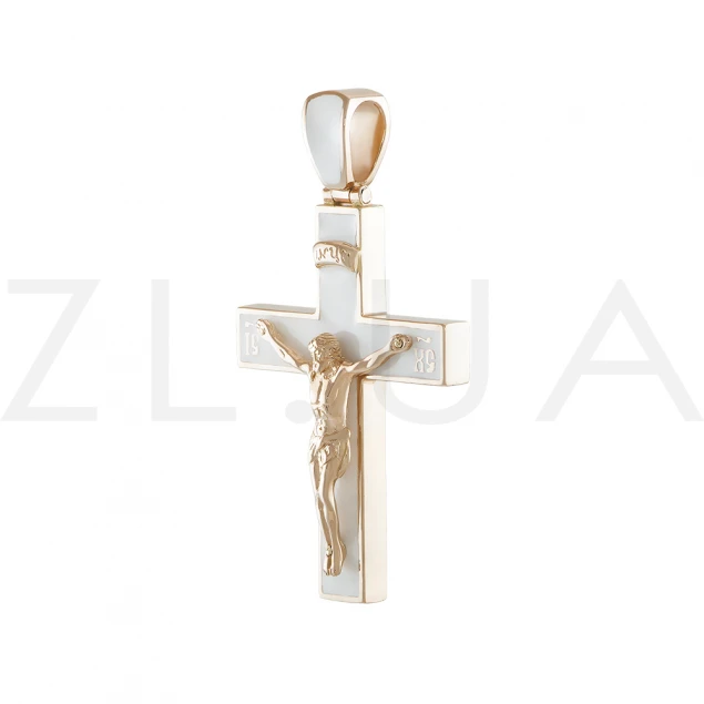 Крест с Распятием с белой эмалью Photo-1