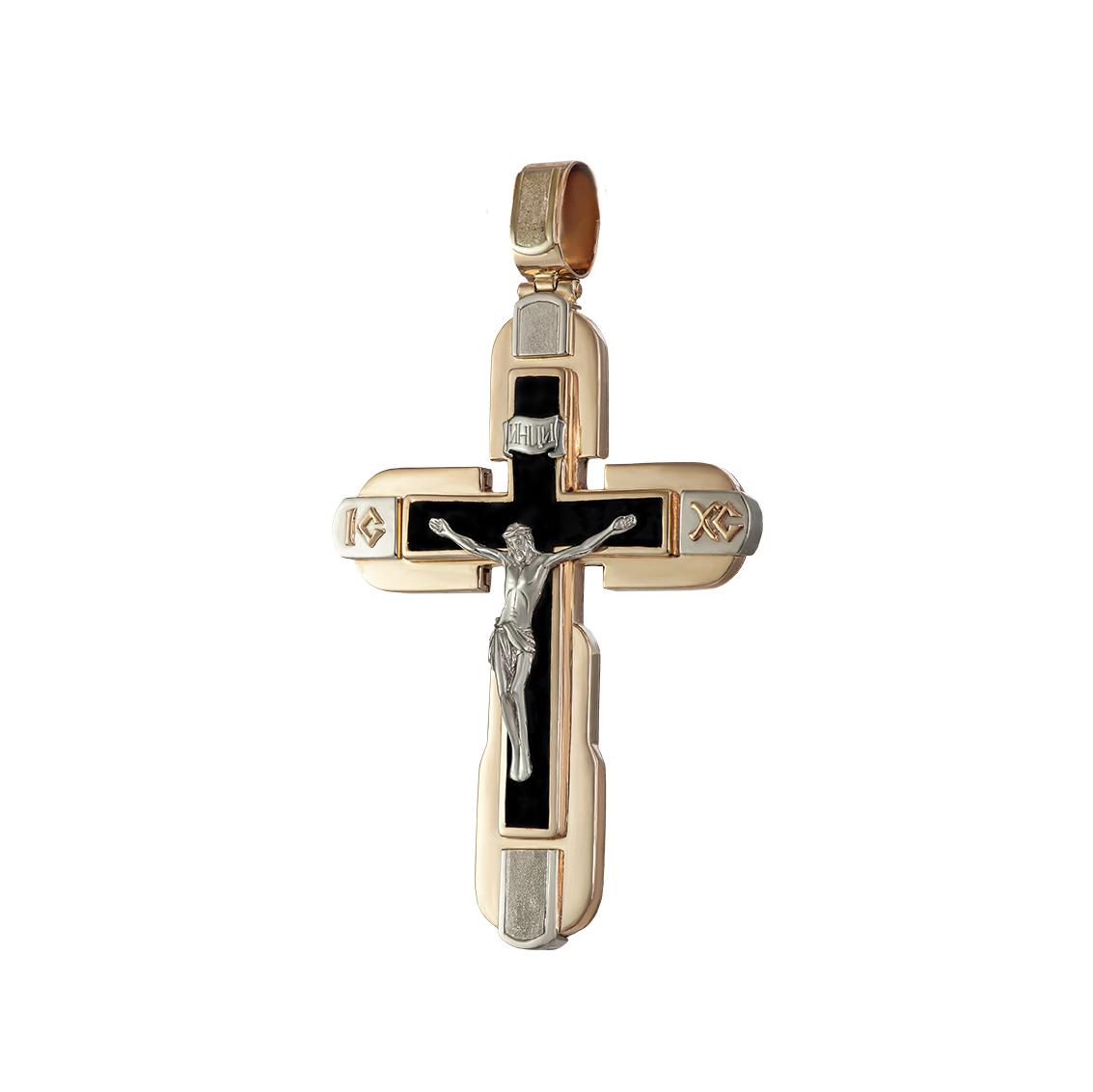 Золотой крестик с распятием из белого золота и эмалью